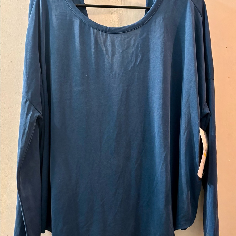 DKNY Teal Long-Sleeve Relaxed Pullover Round Neckline Deep V Cutout in Back - Picture 6 of 17